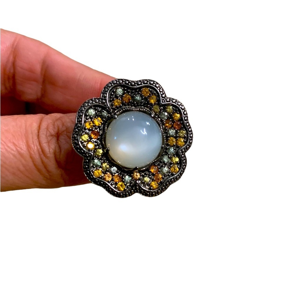 Silver Flower Statement Big Pearl Yellow Orange